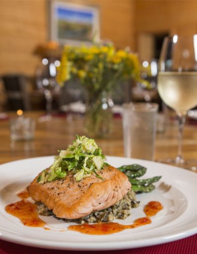 Plated Salmon, wild rice, vegetables dinner - Food Lazy L&B Dude Ranch Wyoming